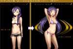  bikini braid breasts comparison covered_nipples dual_persona kyodairobo long_hair love_live! love_live!_school_idol_project medium_breasts open_mouth purple_hair single_braid smile swimsuit toujou_nozomi translation_request twintails 