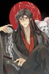  1boy ahoge alcohol black_background black_hair black_hanfu chenqing_flute chinese_clothes choko_(cup) coat commentary_request crossed_legs cup dizi fia_(fialoveice) flute flute_tassel grey_coat hair_down hair_ribbon half_updo hanfu highres holding holding_cup holding_flute holding_instrument instrument liquid liquor long_hair long_sleeves looking_at_viewer male_focus modao_zushi moon night official_alternate_costume official_alternate_hairstyle open_clothes open_coat parted_lips pouring pouring_onto_self red_eyes red_moon red_ribbon ribbon robe sidelocks sitting skull smile solo tassel transverse_flute water wei_wuxian wei_wuxian_(yiling_laozu) 