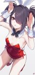  1girl absurdres ame-chan_(needy_girl_overdose) animal_ears black_eyes black_hair black_nails breasts commentary detached_collar fake_animal_ears fake_tail hair_ornament hair_over_one_eye high_heels highres leotard long_hair m_psycho_83 nail_polish needy_girl_overdose parted_lips playboy_bunny rabbit_ears rabbit_pose rabbit_tail red_leotard red_nails red_shoes scar scar_on_arm self-harm_scar shirt shoes simple_background small_breasts solo squatting symbol-only_commentary tail twintails white_shirt wrist_cuffs x_hair_ornament 