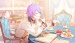  1boy aqua_streaks ascot asymmetrical_sidelocks berry blueberry book cake candle chair colorful_palette cup curtains earrings food fork frilled_sleeves frills fruit funsai_seyo!_unvalentine_no_fukushuu_(project_sekai) game_cg gem gold_trim hands_up heart heart-shaped_cake heart-shaped_food heart-shaped_gem heart_earrings highres holding holding_fork jacket jewelry kamishiro_rui lace_print letter looking_at_viewer male_focus multicolored_hair official_alternate_costume official_art on_chair open_book pancake pancake_stack paper plant potted_plant project_sekai purple_hair raspberry red_gem short_hair sidelocks silver_trim sitting solo souffle_pancake streaked_hair table tea teacup teapot third-party_source tongue tongue_out white_ascot white_jacket window yellow_eyes 