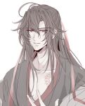  1boy ahoge bishounen black_hair black_hanfu branded brown_hair chinese_clothes coat collarbone commentary_request crying crying_with_eyes_open eyelashes eyes_visible_through_hair grey_coat hair_between_eyes hair_down hair_ribbon half_updo hanfu highres kanda_faf2 long_hair looking_at_viewer male_focus modao_zushi off_shoulder official_alternate_costume official_alternate_hairstyle open_clothes open_coat pale_color pectoral_cleavage pectorals red_eyes red_ribbon ribbon robe scar scar_on_chest sidelocks simple_background solo tears upper_body wei_wuxian wei_wuxian_(yiling_laozu) white_background 