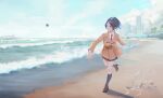  1girl absurdres beach black_skirt black_socks breasts bridge brown_coat brown_shoes cloud cloudy_sky coat commentary_request duffel_coat grey_hair hayami_kanade highres idolmaster idolmaster_cinderella_girls low_block_heels medium_breasts motion_blur necktie ocean parted_lips pleated_skirt qingli_ye red_necktie scenery shirt shoes short_hair skirt sky skyline smile socks solo throwing throwing_rock waves white_shirt yellow_eyes 