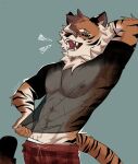 2025 anthro arm_tuft black_clothing black_shirt black_topwear blue_background bottomwear clothing digital_drawing_(artwork) digital_media_(artwork) elbow_tuft felid fur hi_res l4ng male mammal markings muscular muscular_anthro muscular_male neck_tuft open_mouth orange_body orange_eyes orange_fur pantherine pants pattern_bottomwear pattern_clothing pattern_pants plaid plaid_bottomwear plaid_clothing plaid_pants red_bottomwear red_clothing red_pants sharp_teeth shirt simple_background solo striped_body striped_fur striped_markings striped_tail stripes tail tail_markings teeth tiger topwear translucent translucent_clothing translucent_shirt translucent_topwear tuft underwear white_body white_fur