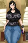  black_hair breasts curvy glasses huge_breasts upset yellow_eyes 