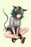  1girl animal_ears black_socks breasts brown_shorts closed_mouth commentary_request ears_through_headwear full_body green_eyes green_hair green_vest hat horse_ears horse_girl horse_tail jacket kiseki_(miracle_author)_(umamusume) kiseki_(umamusume) multicolored_hair shirt shoes short_hair shorts simple_background sitting socks solo streaked_hair tail umamusume vest white_jacket white_shirt white_streaks yanagi_wakana yellow_hat 