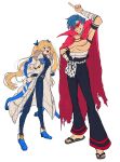  1boy 1girl 2koge_25 arm_up armored_bodysuit armored_leotard bandages bandaid bandaid_on_cheek bandaid_on_face black_bodysuit blonde_hair blue_eyes blue_hair bodysuit breasts cape coat commentary_request fang fur-trimmed_coat fur_trim gloves goddess_of_victory:_nikke highres kamina_(ttgl) kamina_pose kamina_shades laplace_(nikke) leotard long_hair midriff_sarashi multicolored_gloves open_mouth pointing pointing_up sarashi short_hair small_breasts smile tengen_toppa_gurren_lagann topless_male triangular_eyewear twintails two-tone_gloves white_coat 