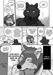  2015 animal_ears anthro black_body black_fur black_nose blush canine cheek_tuft chest_tuft chin_tuft clothed clothing comic duo ear_tuft ears_up english_text fangs fur grey_body grey_fur greyscale half-dressed happy hi_res kemono male male/male mammal manga maririn monochrome neck_tuft nervous open_mouth sharp_teeth shirt smile speech_bubble sweat teeth text tongue tongue_out topless translated tuft white_body white_clothes white_fur white_shirt wolf 