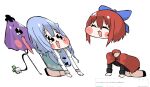  2girls ^_^ akure_ekuto all_fours black_shirt black_shoes blue_bow blue_skirt blush bow chibi cloak closed_eyes commentary_request commission deformed disembodied_head emoji full_body hair_bow juliet_sleeves karakasa_obake long_sleeves meme multiple_girls open_mouth pleading_face_emoji puffy_sleeves purple_umbrella sekibanki shirt shoes simple_background skirt speakiposting_(meme) tatara_kogasa touhou umbrella white_background 