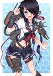  :d bad_id bad_pixiv_id bandages black_hair black_skirt blue_background blue_eyes cowboy_shot crop_top electricity fangs hair_over_one_eye honeycomb_(pattern) honeycomb_background kako_(kantai_collection) kantai_collection kojiro_d looking_at_viewer machinery midriff navel neckerchief open_mouth pleated_skirt ponytail sailor_collar school_uniform searchlight serafuku skirt smile solo 
