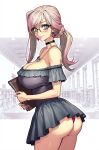  1girl armpit_crease ass bespectacled black_choker blue_eyes book breasts choker cleavage closed_mouth collarbone commentary dress earrings fate/grand_order fate_(series) glasses highres holding holding_book jewelry large_breasts library lips low_ponytail miyamoto_musashi_(fate) necklace panties pendant pink_hair ponytail purple_panties rioliogiz short_dress smile solo symbol-only_commentary underwear 