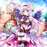  bare_shoulders black_legwear blue_eyes blush breastplate cloud cowboy_shot gloves hairband kidatsu!_dungeons_lord long_hair looking_at_viewer nogi_takayoshi polearm purple_hair sky solo thighhighs trident weapon wings 