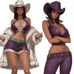  1girl akinoshi_art black_hair breasts cleavage closed_mouth coat commentary cowboy_hat cross-laced_clothes cross-laced_dress cross-laced_top crossed_arms english_commentary fur-trimmed_coat fur_trim hat high_collar highres light_smile looking_at_viewer medium_hair midriff multiple_views navel nico_robin one_piece pants purple_hat purple_pants purple_skirt simple_background skirt white_background white_coat white_hat 