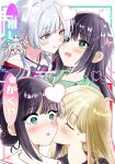  3girls absurdres blonde_hair blunt_bangs blush character_name chibi chibi_inset cho_kaguya-hime! closed_eyes closed_mouth commentary_request green_eyes green_pajamas grey_hair hair_bun hair_down heart highres imo_hokuhoku kaguya_(cho_kaguya-hime!) kiss kissing_cheek long_hair looking_at_another mole mole_under_eye multiple_girls multiple_views nose_blush open_mouth pajamas purple_hair runami_yachiyo sakayori_iroha short_hair single_hair_bun smile translation_request upper_body wavy_mouth yuri 