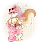  animal_ears antennae anthro bent_over big_breasts blush boopeep breasts canine chest_tuft clothed clothing cosplay female fur hair half-dressed humanoid lingerie long_hair mammal nipples pink_hair plain_background restrained tuft wings 