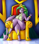  2015 anthro anthrofied barefoot big_breasts breasts crossgender crown dragon female friendship_is_magic green_eyes green_hair hair hi_res huge_breasts long_hair looking_at_viewer my_little_pony nipples plantigrade scalie sitting solo spike_(mlp) suirano 