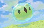  black_eyes blue_sky cloud cloudy_sky colored_skin diamond_mouth floating grass green_skin hashtag-only_commentary highres no_humans open_mouth pokemon pokemon_(creature) pokemon_bw sakuraiisui sky solid_oval_eyes solosis 