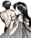  1boy 1girl alternate_hairstyle artist_name bare_shoulders black_hair blanket blunt_ends breasts cleavage collarbone covering_with_blanket dressing earrings faceless faceless_female facing_away facing_back genshin_impact gold_earrings grey_hair hair_down hand_up hetero highres holding holding_blanket jewelry kacchan_09 long_hair mona_(genshin_impact) multicolored_hair scaramouche_(genshin_impact) shoulder_blades sketch star_(symbol) star_earrings streaked_hair swept_bangs toned toned_male topless_male white_background 