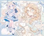  1girl :3 :o apron black_shoes blonde_hair blue_dress blue_eyes blush_stickers braid closed_mouth commentary cup dot_nose dress fanqiealxe full_body hair_between_eyes highres juliet_sleeves long_hair long_sleeves looking_at_viewer multiple_views open_mouth original puffy_sleeves sample_watermark shoes sleeveless sleeveless_dress sleeves_past_wrists socks standing symbol-only_commentary teacup twin_braids twintails watermark white_apron white_dress white_socks 