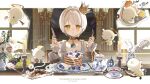  1girl animal asa_going blueberry candle choker cookie cream crown crown_(crownia) crownia cup dining_room dress flower flying_animal food fork fruit hair_intakes hashtag-only_commentary highres holding holding_fork holding_knife imminent_eating indoors knife letterboxed long_sleeves looking_at_viewer mini_crown outside_border pancake pancake_stack parted_lips plate pointed_crown saucer short_hair solo straight-on swept_bangs table tapir tea tea_set teacup teapot tray white_dress white_flower white_hair yellow_eyes 