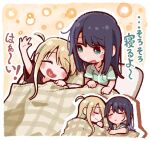  2girls :d ^_^ arm_up blonde_hair border chibi chibi_only cho_kaguya-hime! closed_eyes green_eyes green_pajamas hair_down hashtag-only_commentary heart heart_in_mouth henyomen kaguya_(cho_kaguya-hime!) long_hair looking_at_another mole mole_under_eye multiple_girls multiple_views open_mouth pajamas purple_hair sakayori_iroha short_hair short_sleeves sleeping_together smile translation_request under_covers white_border 