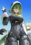  3girls absurdres allen.n arknights arknights:_endfield belt black_bodysuit blue_eyes bodysuit breasts brown_hair commentary covered_navel endfield_industries_logo endministrator_(arknights) female_endministrator_(arknights) fingerless_gloves fluorite_(arknights) gloves green_eyes green_hair hair_between_eyes hair_through_hood high_belt highres hood hood_up hooded_shrug impossible_bodysuit impossible_clothes long_hair long_sleeves looking_at_viewer multiple_girls perlica_(arknights) revision shrug_(clothing) snake_girl snake_tail tail white_shrug 