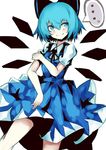  1girl :q blue blue_eyes blue_hair bow chiruru96 cirno hair_bow hand_on_own_shoulder ice ice_wings looking_to_the_side short_sleeves simple_background sketch solo spoken_ellipsis tongue tongue_out touhou white_background wings 