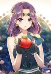  apple bow collarbone dress earrings flower food fruit giving gloves hair_flower hair_intakes hair_ornament head_wreath highres jewelry kantai_collection looking_at_viewer parted_lips purple_eyes purple_hair sheska_xue short_hair solo sparkle tatsuta_(kantai_collection) 