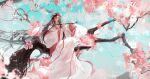  1boy alternate_costume androgynous barefoot black_hair branch chenqing_flute cherry_blossoms chinese_clothes dizi english_text fairy falling_petals floating_hair flower flute flute_tassel full_body grey_eyes hagoromo hair_down hair_flower hair_ornament hair_ribbon half_updo hanfu hashtag-only_commentary highres holding holding_flute holding_instrument in_tree instrument light_particles liuche79871650 long_hair long_sleeves male_focus modao_zushi music official_alternate_hairstyle outdoors parted_lips petals pink_flower pink_petals pink_shawl playing_flute playing_instrument red_ribbon red_shawl ribbon robe sample_watermark shawl sitting sitting_in_tree sky solo tassel transverse_flute tree very_long_hair watermark wei_wuxian wei_wuxian_(yiling_laozu) white_hanfu wide_sleeves 