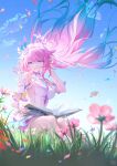 1girl aqua_hair artist_logo as_i've_written_(honkai:_star_rail) blue_sky breasts commentary cyrene_(demiurge)_(honkai:_star_rail) cyrene_(honkai:_star_rail) diamond-shaped_pupils diamond_(shape) dress earrings ere_chip flower grass hair_flower hair_intakes hair_ornament highres honkai:_star_rail honkai_(series) jewelry large_breasts logo long_hair multicolored_hair open_mouth outdoors pink_flower pink_hair purple_eyes puzzle_piece sky smile solo symbol-only_commentary symbol-shaped_pupils twitter_username very_long_hair white_dress white_hair 
