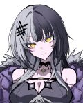  1girl bare_shoulders black_choker black_dress black_hair breasts choker cleavage closed_mouth coat commentary corrupted_twitter_file dress english_commentary fur-trimmed_coat fur_trim grey_hair hair_ornament highres hololive hololive_english large_breasts long_hair looking_at_viewer mentally_deficient multicolored_hair pendant_choker shade shiori_novella shiori_novella_(1st_costume) simple_background smile solo split-color_hair two-tone_hair virtual_youtuber white_background yellow_eyes 