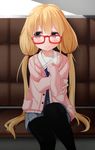  3: absurdres blonde_hair cardigan cosplay futaba_anzu glasses highres idolmaster idolmaster_cinderella_girls kuriyama_mirai kuriyama_mirai_(cosplay) kyoukai_no_kanata long_hair low_twintails pantyhose ratsuku_kinoko solo twintails 