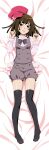  1girl absurdres blush bow bowtie brown_eyes brown_hair commentary_request dakimakura_(medium) full_body gesugesu_ahoaho hat highres looking_at_viewer lying medium_hair monogatari_(series) on_back sengoku_nadeko shorts smile solo thighhighs unworn_hat unworn_headwear 