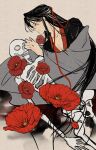 1boy black_eyes black_hair black_hanfu chinese_clothes closed_mouth coat collarbone commentary faux_traditional_media fia_(fialoveice) flower grey_coat hair_down hair_ribbon half_updo hanfu highres holding_skeleton long_hair long_sleeves looking_down male_focus modao_zushi off_shoulder official_alternate_costume official_alternate_hairstyle open_clothes open_coat pectoral_cleavage pectorals profile red_flower red_ribbon ribbon robe sidelocks sitting skeleton skull solo untranslatable_commentary very_long_hair wei_wuxian wei_wuxian_(yiling_laozu) wide_sleeves zhongguo_hua 