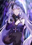  1girl artist_name bare_shoulders black_gloves black_pantyhose black_swan_(honkai:_star_rail) blue_veil blunt_bangs blurry blurry_background blush breasts cleavage closed_mouth commentary detached_sleeves dress feet_out_of_frame gloves hand_up highres honkai:_star_rail honkai_(series) long_hair long_sleeves looking_at_viewer medium_breasts pantyhose purple_dress purple_hair purple_sleeves sleeveless sleeveless_dress smile solo veil yellow_eyes yukomeow 