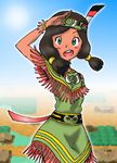  brown_hair dark_skin gradient gradient_background green_eyes headband low_twin_tails low_twintails native_american npc npc_trainer open_mouth personification pokemon pokemon_(game) smile solo twintails xatu 