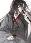  1boy bishounen black_hair black_hanfu chenqing_flute chinese_clothes closed_mouth coat dizi eyelashes flute grey_coat hair_between_eyes hair_down hair_ribbon half_updo hand_up hanfu highres holding holding_flute holding_instrument instrument light_particles liuche79871650 long_hair long_sleeves looking_at_viewer male_focus modao_zushi music official_alternate_costume official_alternate_hairstyle open_clothes open_coat red_eyes red_ribbon red_sash ribbon robe sash sidelocks simple_background smile solo transverse_flute upper_body wei_wuxian wei_wuxian_(yiling_laozu) white_background wide_sleeves 