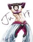  abs armpits astroh0 baggy_pants bare_shoulders bracelet breasts detached_sleeves drill_hair halter_top halterneck han_juri jewelry large_breasts looking_at_viewer looking_down midriff pants sideboob solo spiked_bracelet spikes street_fighter street_fighter_iv_(series) toned twin_drills underboob 