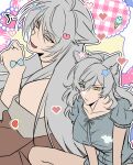  1girl absurdres animal_ears bakemonogatari bakeneko bare_shoulders black_hanekawa breasts cat_ears cat_girl closed_mouth collarbone commentary_request dansokang grey_hair hair_between_eyes hanekawa_tsubasa heart highres korean_commentary large_breasts long_hair monogatari_(series) multiple_views nekomonogatari_white off_shoulder open_mouth pajamas sleepwear smile very_long_hair yellow_eyes 