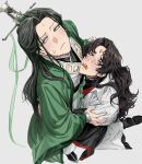  2boys averting_eyes bindi black_boots black_hair black_hanfu blush boots candy chinese_clothes closed_mouth coat collared_coat commentary_request constricted_pupils crying crying_with_eyes_open curtained_hair facial_mark food food_in_mouth forehead_mark foreshortening from_above full_body furrowed_brow gem green_eyes green_gem green_hanfu green_ribbon grey_background half-closed_eyes half_updo hand_on_another's_arm hanfu head_on_chest highres hug kneeling korean_commentary layered_sleeves long_hair long_sleeves looking_at_another luo_binghe male_focus multiple_boys parted_bangs pleading_eyes pursed_lips qwert021600 raised_eyebrows red_eyes renzha_fanpai_zijiu_xitong ribbon ribboned_xiao_guan shen_qingqiu simple_background standing sweatdrop tears thick_eyebrows wavy_hair wavy_mouth white_coat wide_sleeves wrapped_candy yaoi zuiyin 
