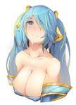  bare_shoulders blonde_hair blue_eyes blue_hair blush breasts cleavage covered_nipples cum cum_in_mouth gradient_hair highres large_breasts league_of_legends long_hair looking_at_viewer multicolored_hair parted_lips pingqiong_xiansheng solo sona_buvelle suggestive_fluid twintails very_long_hair 