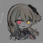  1girl arms_at_sides assault_lily black_capelet black_ribbon blood blood_in_hair blood_on_arm blood_on_clothes blood_on_face blue_blood brown_hair capelet chibi collared_shirt commentary cropped_arms cropped_torso gradient_background grey_background hair_between_eyes hair_ribbon heterochromia highres kuo_shenlin long_hair looking_at_viewer neck_ribbon parted_lips red_eyes ribbon school_uniform shield shirt solo symbol-only_commentary torn_clothes torn_sleeves umi_(s5r1umi_1399) upper_body v-shaped_eyebrows white_shirt yellow_eyes yurigaoka_girls_academy_school_uniform 