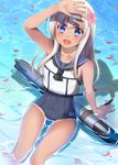  blonde_hair blue_eyes crop_top flower hair_flower hair_ornament hasu_(velicia) highres kantai_collection long_hair one-piece_swimsuit open_mouth partially_submerged ro-500_(kantai_collection) school_swimsuit smile solo swimsuit swimsuit_under_clothes tan tanline 