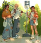  3boys absurdres alternate_universe backpack bag baggy_pants bandaid bandaid_on_cheek bandaid_on_face bandaid_on_knee bandaid_on_leg bandaid_on_nose black_hair blonde_hair blue_eyes brown_gloves cropped_shirt dappled_sunlight denim english_commentary floral_print_shirt food freckles full_body gloves hand_in_pocket hat highres holding holding_bag holding_food holding_popsicle jeans looking_at_another male_focus midriff monkey_d._luffy multiple_boys one_piece open_clothes open_mouth open_shirt orange_shirt outdoors pants popsicle portgas_d._ace red_shirt sabo_(one_piece) sandals saterise scar scar_on_face shirt shoes short_hair short_sleeves smile sneakers socks standing straw_hat sunlight torn_clothes torn_pants unworn_hat unworn_headwear white_shirt white_socks 