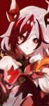  1girl diamond-shaped_pupils diamond_(shape) four-finger_heart_hands fu_hua fu_hua_(fenghuang_of_vicissitude) gloves hair_between_eyes harutoman heart heart_hands highres honkai_(series) honkai_impact_3rd multicolored_hair open_mouth red_background red_eyes red_gloves red_hair solo streaked_hair symbol-shaped_pupils two-tone_hair white_hair yellow_pupils 