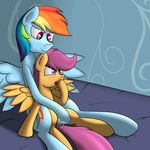  age_difference bed blush cub duo equine female female/female feral floret friendship_is_magic incest mammal my_little_pony open_mouth pegasus pussy pussy_juice rainbow_dash_(mlp) scootaloo_(mlp) size_difference smile wings young 