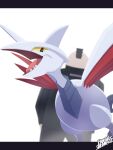  1boy absurdres bird black_eyes colored_sclera commentary highres horns metal_skin metal_wings open_mouth philippe_(pokemon) pokemon pokemon_(creature) pokemon_legends:_z-a red_wings sakanagi_(a_r_co) single_horn skarmory symbol-only_commentary teeth white_background wings yellow_sclera 