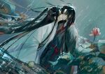  2boys absurdres bishounen black_hair black_hanfu chinese_clothes chinese_commentary coat commentary_request crying crying_with_eyes_open fish floating_hair flower from_side grey_coat hair_down half_updo hanfu headband highres kiss lan_wangji lily_pad liuche79871650 long_hair long_sleeves looking_at_another lotus lotus_leaf male_focus modao_zushi multiple_boys official_alternate_costume official_alternate_hairstyle open_clothes open_coat outdoors partially_submerged pink_flower ponytail profile rain red_eyes red_sash robe sash sidelocks tears very_long_hair water wei_wuxian wei_wuxian_(yiling_laozu) wet wet_clothes wet_hair white_hanfu white_headband wide_sleeves xiao_guan_(headdress) yaoi yellow_eyes 