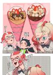  1girl 2boys :d absurdres blonde_hair closed_eyes commentary_request cowlick food fruit gerokizoku glasses gradient_hair green_eyes griselle_(pokemon) grisham_(pokemon) highres ice_cream litleo multicolored_hair multiple_boys one_eye_closed orange_hair paxton_(pokemon) pokemon pokemon_legends:_z-a red_eyes rotom rotom_phone smile sparkle strawberry strawberry_slice wavy_hair white-framed_eyewear white_hair 