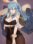  animal_ears bad_id bad_twitter_id blue_eyes blue_hair blush breast_hold breasts bunny_ears bunnysuit detached_collar gloves granblue_fantasy jacket_on_shoulders k_(li) large_breasts long_hair looking_at_viewer pantyhose solo sweatdrop therese_(granblue_fantasy) 