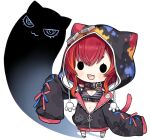  1girl :d animal_hood black_collar black_jacket breasts capriccio chibi cleavage collar commentary_request crossed_bandaids fangs goggles goggles_on_head hair_between_eyes hood hood_up hooded_jacket jacket long_hair long_sleeves medium_breasts multicolored_hair navel nekota_tsuna orange_hair puffy_long_sleeves puffy_sleeves red_hair sleeves_past_fingers sleeves_past_wrists smile solid_oval_eyes standing streaked_hair tail thick_eyebrows virtual_youtuber vspo! white_background 